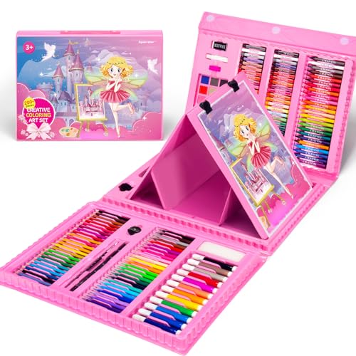 Spardar Malkoffer für Kinder, 240-teiliges Malset Mit Dreifach Faltbarer Staffelei, Zeichenset Mit Ölpastellkreiden, Buntstiften, Markern, Aquarellkuchen, Geschenk für Anfänger von Spardar