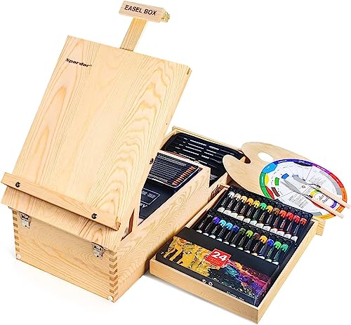 Tischstaffelei, Spardar Staffelei Holz Einstellbare mit 55-teiliges Deluxe Malset, Enthalten 24 Acrylfarben, 10 Acrylpinseln, Leinwand Brett und Anderem Malzubehör für Anfänger, Künstler und Künstler Tischstaffelei, Spardar Staffelei Holz Einstellbare mit 55-teiliges Deluxe Malset, Enthalten 24 Acrylfarben, 10 Acrylpinseln, Leinwand Brett und Anderem Malzubehör für Anfänger, Künstler und Künstler von Spardar