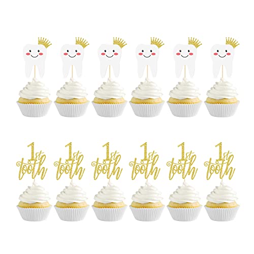 Cupcake-Topper für den ersten Zahn, 12 Stück Dekoration für die erste Zahnung, vormontiert, doppelseitiger Glitzer von SparkDot