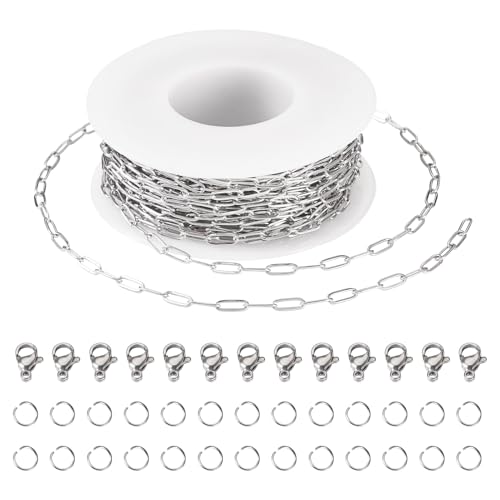 Sparkeads 10 m Edelstahl-Kabelketten 6,5 x 3 x 0,5 mm, Büroklammerkette, Armband, Halskette, Set mit Biegeringen, Klauenverschlüssen für DIY-Schmuckherstellung, Handwerk von Sparkeads