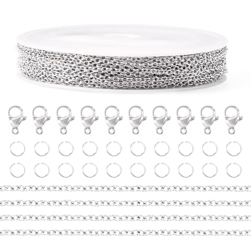 Sparkeads 10 m lange Kabelketten aus 304 Edelstahl, 2 x 1,5 x 0,4 mm, ovale Gliederkette, Armband, Halskette, Set mit Krallenverschlüssen, Biegeringe für DIY-Schmuckherstellung von Sparkeads