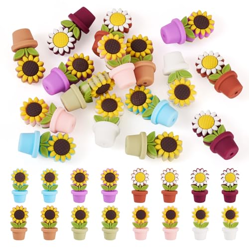 Sparkeads 16 Stück Sonnenblumen-Blumentopf-Silikonperlen für Stift, Schlüsselanhänger, Schmuckherstellung, Mitte gebohrte Blumen-Abstandshalter Perlen für Armbänder, Halsketten von Sparkeads