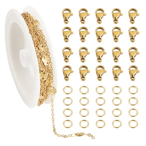 Sparkeads 2,5 m lange Edelstahl-Herz-Gliederkette 2,5 x 2 x 0,5 mm, goldenes Metall, ovale Gliederkette mit Biegeringen, Krallenverschlüssen für DIY-Armbänder, Halsketten, Schmuckherstellung von Sparkeads