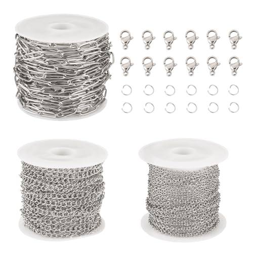 Sparkeads 3 Rollen 5 m Edelstahl-Büroklammerketten, ovale Gliederkette, gedrehte Panzerketten mit Biegeringen, Krallenverschlüssen für DIY-Armbänder, Halsketten, Schmuckherstellung von Sparkeads