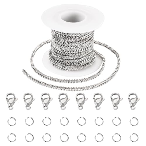 Sparkeads 5 m lange Edelstahl-Panzerketten, 5 x 3 x 3 mm, ungeschweißt, gedrehtes Metall, Schlangenkette, Halsketten-Set mit Biegeringen, Krallenverschlüssen für DIY-Armbänder, Schmuckherstellung von Sparkeads