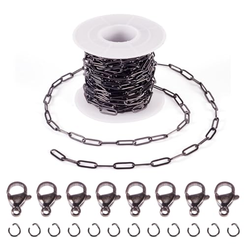 Sparkeads Büroklammerketten aus Edelstahl, 12 x 4 x 1 mm, schwarz, oval, Metallkabelkette, Armband, Halskette, Set mit Biegeringen, Klauenverschlüssen für DIY-Schmuckherstellung, 5 m von Sparkeads