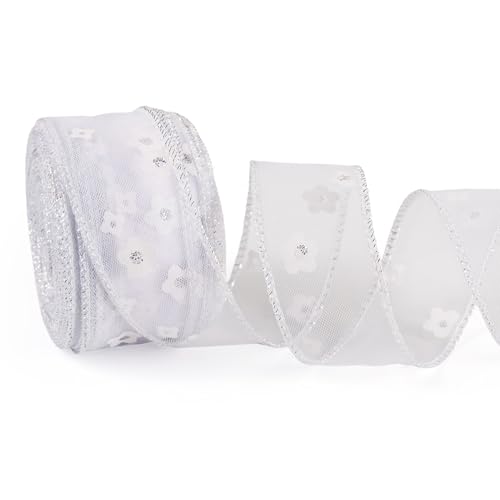 Sparkeads Organzaband aus Polyester, Blumenmuster, 40 mm, Blumenmuster, Geschenkverpackung, Bänder für Geschenke, Verpackung, Nähen, Kleidung, Dekoration, Weiß, 20 m von Sparkeads