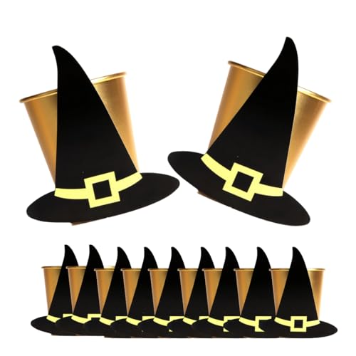 Halloween Partybecher Hexenhüte - 10 Stück Gold Pappbecher mit aufsteckbaren schwarzen Hexenhüten - Do It Yourself Halloween Party Geschirr Dekoration von Sparkles Partyware