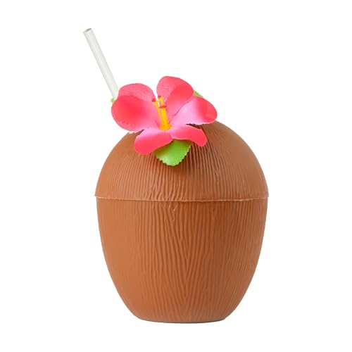 Kokosnussbecher mit Strohhalm, 1 Stück, brauner Kokosnuss-Getränkebecher mit angenähter roter Blume und Papierstrohhalm, perfekt für tropische Strandpartys, Luau und Spaß am Pool Kokosnussbecher mit Strohhalm, 1 Stück, brauner Kokosnuss-Getränkebecher mit angenähter roter Blume und Papierstrohhalm, perfekt für tropische Strandpartys, Luau und Spaß am Pool von Sparkles Partyware