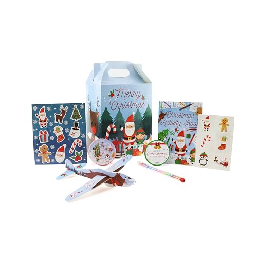 Weihnachtsspielzeug & Aktivitäts-Set - 6 Stück - Weihnachtsgleiter Leckerli-Box Mini Aufkleber Temporäre Tattoos Stapler Bleistift Namensaufkleber Labyrinth Puzzle Aktivitätsbuch - 8 Stück Fun Kids von Sparkles Partyware