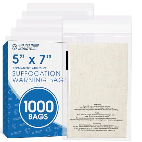 Spartan Industrial - 12,7 x 17,8 cm (1000 Stück) selbstklebende transparente Polybeutel mit Erstickungswarnung für Verpackung, T-Shirts und FBA – permanent klebend von Spartan Industrial