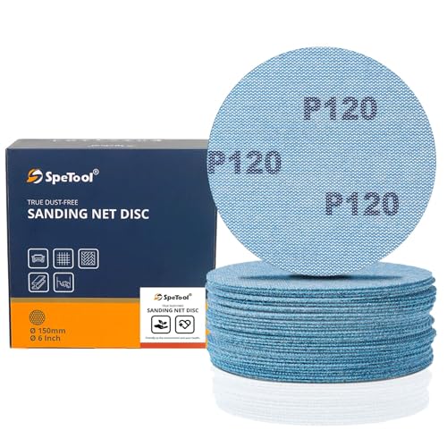 SpeTool 30 Stück Schleifgitter 150mm Klett schleifnetz Schleifscheiben mit Schleiftellerschoner Körnung 120 Staubfreies Klett-Schleifpapier für Holz, Gipskarton, Metall, Epoxidharz von SpeTool
