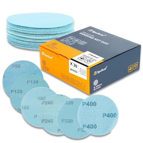 SpeTool Schleifgitter 150mm Klett 30 Stück schleifnetz Schleifscheiben mit Schleiftellerschoner Körnung 80/120/180/240/320/400 Staubfreies Klett-Schleifpapier für Holz, Gipskarton, Metall, Epoxidharz von SpeTool