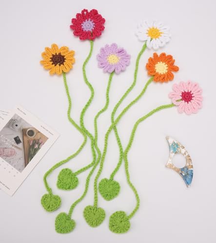 Lesezeichen, Häkelblumen, Lesezeichen-Set, 6 Stück, gehäkelte Gänseblümchen, Sonnenblume, Lesezeichen mit getrocknetem Blumen-Daumen, Buch-Seitenhalter, Geschenke für Buchliebhaber, Lehrer, Studenten von Spearlcable
