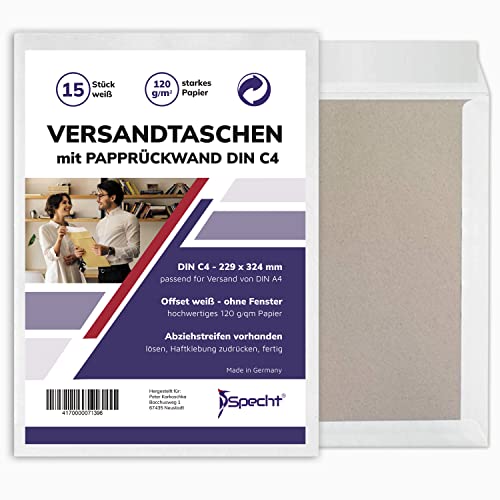 15 Versandtaschen C4 in Weiß ohne Fenster mit Papprückwand, selbstklebend mit Haftklebung und Abdeckstreifen, 229 x 324 mm, Premium, 120g/m² Papier, Briefumschlag, Kuvert, Geschäftsumschlag, DIN A4 von Specht