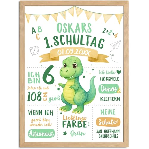 Kinder-Poster Einschulung 2025 Dinoaurier personalisiert mit Wunschname Hobbies Vorlieben Geschenkidee SpecialMe® Weiss von SpecialMe