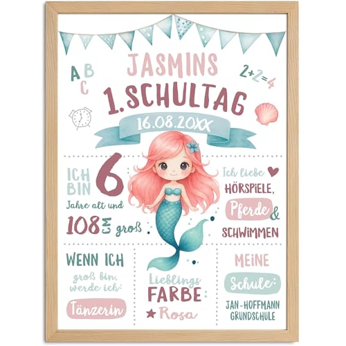 Kinder-Poster Einschulung 2025 Meerjungfrau personalisiert mit Wunschname Hobbies Vorlieben Geschenkidee SpecialMe® Weiss von SpecialMe