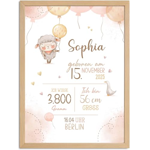 SpecialMe® Baby Poster mit Geburtsdaten personalisieren Schäfchen Ballon Wandbild Babyzimmer Geschenk Geburt von SpecialMe