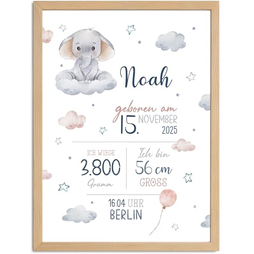 SpecialMe® Baby Poster personalisiert mit Geburtsdaten – Geburtsposter mit Elefant Wolken Sternen – Name Datum Größe Gewicht – Geschenk Geburt von SpecialMe