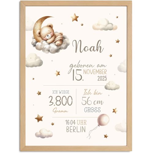 SpecialMe® Baby Poster personalisiert mit Geburtsdaten – Geburtsposter mit Teddybär, Wolken & Sternen – Name Datum Größe Gewicht – Geschenk zur Geburt von SpecialMe