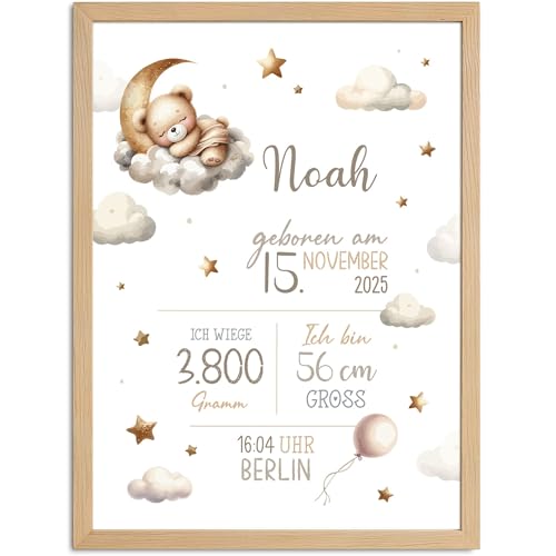 SpecialMe® Baby Poster personalisiert mit Geburtsdaten – Geburtsposter mit Teddybär, Wolken & Sternen – Name Datum Größe Gewicht – Geschenk zur Geburt von SpecialMe