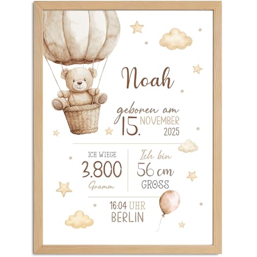 SpecialMe® Baby Poster personalisiert mit Teddybär & Heißluftballon –|Geburtsposter mit Name Geburtsdatum Gewicht Größe |Geschenk Geburt |Deko fürs Babyzimmer von SpecialMe