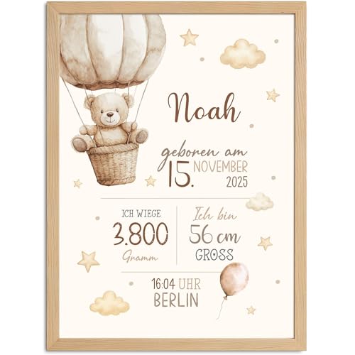 SpecialMe® Baby Poster personalisiert mit Teddybär & Heißluftballon –|Geburtsposter mit Name Geburtsdatum Gewicht Größe |Geschenk Geburt |Deko fürs Babyzimmer von SpecialMe
