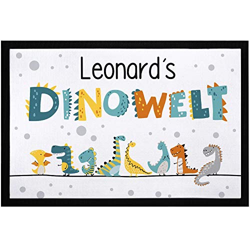 SpecialMe® Fußmatte Kinderzimmer Dinowelt personalisiert mit Name Türvorleger Kind Dinosaurier rutschfest & waschbar weiß 60x40cm von SpecialMe