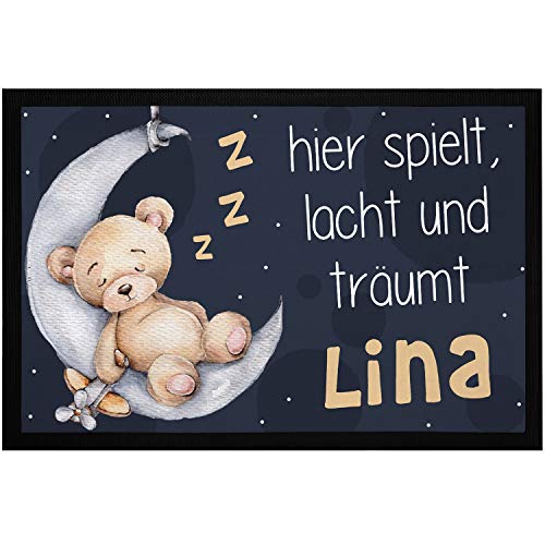 SpecialMe® Fußmatte Kinderzimmer personalisiert mit Name Teddybär Mond Türvorleger Kind rutschfest & waschbar weiß 60x40cm von SpecialMe