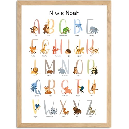 SpecialMe® Kinder-Poster Geschenk Einschulung personalisiert mit Name | ABC Zahlen Buchstaben Lernen | Bilder Kinderzimmer mit lustigen Tieren von SpecialMe