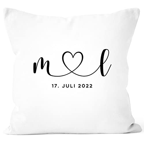 SpecialMe® Kissen-Bezug Hochzeit personalisiert mit Initialen Anfangsbuchstaben und Herz Datum Hochzeitsgeschenk Kissenhülle weiß Standard von SpecialMe