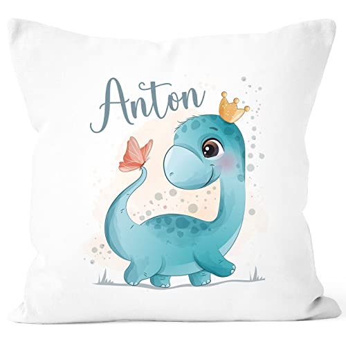 SpecialMe® Kissen-Bezug Kinder Dino Dinosaurier Schmetterling Tiemotiv mit Namen Wunschname Namenskissen Kinder Baby Jungen weiß Standard von SpecialMe