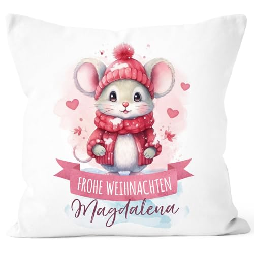 SpecialMe® Kissen-Bezug Weihnachten Tier-Motive personalisiert mit Namen Namenskissen Geschenk für Jungen und Mädchen Baby Maus 2 weiß Standard von SpecialMe