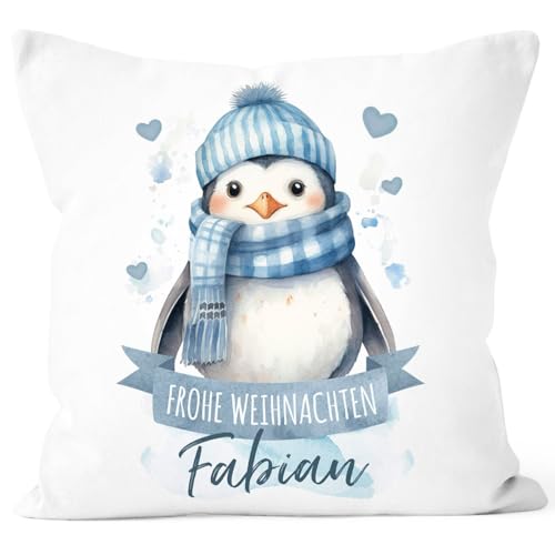 SpecialMe® Kissen-Bezug Weihnachten Tier-Motive personalisiert mit Namen Namenskissen Geschenk für Jungen und Mädchen Baby Pinguin weiß Standard von SpecialMe