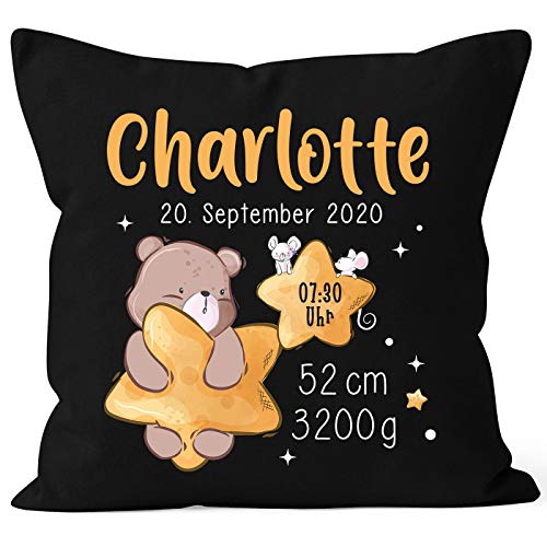 SpecialMe® personalisierbarer Kissen-Bezug zur Geburt Bär Stern Geburtskissen Namenskissen Geschenk Geburt Baby schwarz 40cm x 40cm von SpecialMe