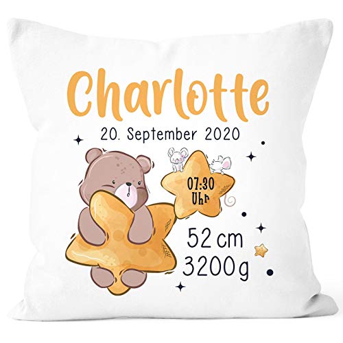 SpecialMe® personalisierbarer Kissen-Bezug zur Geburt Bär Stern Geburtskissen Namenskissen Geschenk Geburt Baby weiß 40cm x 40cm von SpecialMe