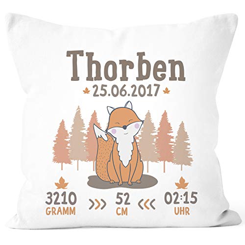 SpecialMe® personalisierbares Kissen zur Geburt, Geburtskissen mit Fuchs für Jungen Mädchen, Namenskissen Geschenk Geburt Baby, Kissen-Bezug ohne Füllung weiß Unisize von SpecialMe