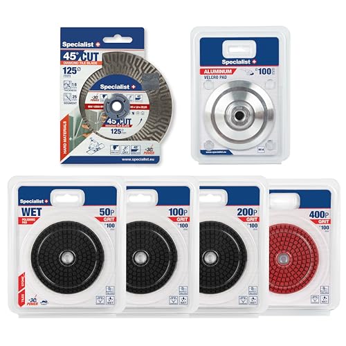SPECIALIST+ Fliesenschneid- & Diamant-Polierset | 6-teiliges Kit mit 125 mm Winkelschleifscheibe, Klett-Stützteller & 50–400 Körnung Nass-Polierpads | Für Granit, Keramik, Stein von Specialist+