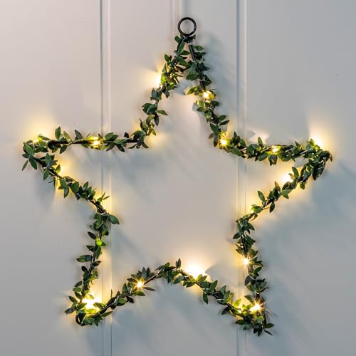 Fensterbild Stern mit 20 LED - mit Buchsbaum Dekor - Fenster Silhouette warm weiß beleuchtet - Weihnachtsdeko Advent Winter Weihnachten Fensterdeko Batterie betrieben mit Timer von Spetebo