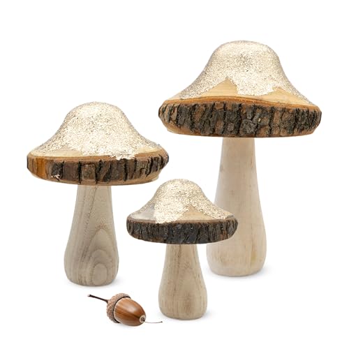 Holz Dekopilz mit Gold Glitzer 3er Set - 18/15 / 11 cm - Holzpilz Figur mit Baumrinde zur Herbst Dekoration - Holz Deko Pilz Goldwald Waldpilz Herbstdeko Aufsteller Tischdeko Holz Dekopilz mit Gold Glitzer 3er Set - 18/15 / 11 cm - Holzpilz Figur mit Baumrinde zur Herbst Dekoration - Holz Deko Pilz Goldwald Waldpilz Herbstdeko Aufsteller Tischdeko von Spetebo
