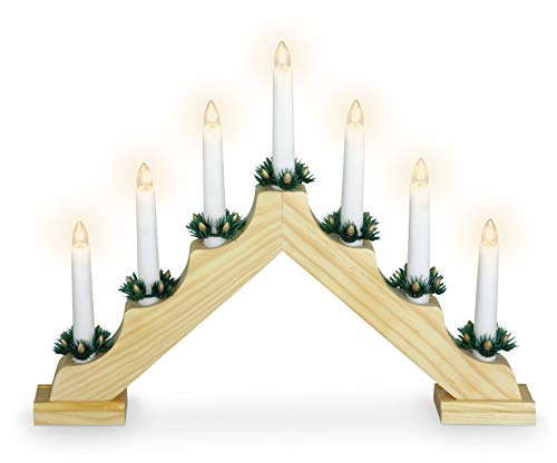 Holz Schwibbogen 39 cm mit 7 LED Kerzen und Timer - Natur - Weihnachtsdeko mit Beleuchtung - Adventsleuchter Lichterbogen Kerzenbrücke Fenster Deko Batterie betrieben von Spetebo
