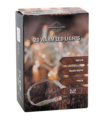 LED Lichterkette 20 LED warmweiß mit Timer - 200 cm - Batterie betrieben - Kabelfarbe transparent von Spetebo