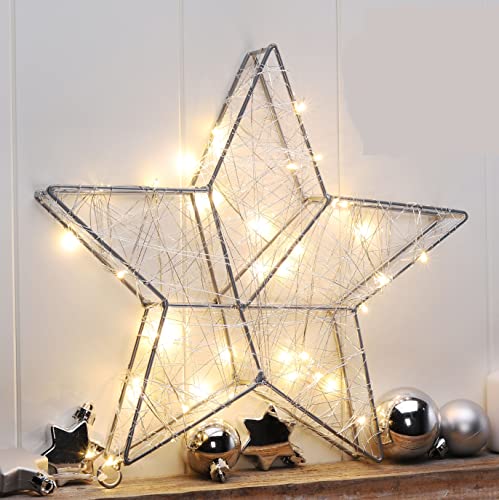 LED Metall Stern silber 30 cm - 40 LED - Weihnachts Deko Beleuchtung - Leuchtstern Weihnachtsstern beleuchtet Batterie betrieben mit Timer von Spetebo