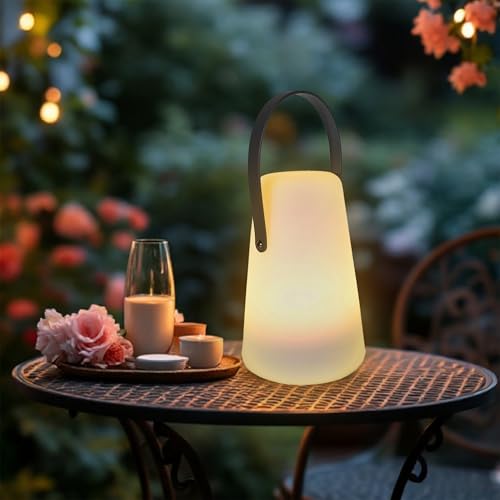 Spetebo LED Tischlampe für Außen mit Lederband konisch - 20 x 14 cm - Garten Tischleuchte mit Timer Funktion - Outdoor Gartenlampe Tisch Leuchte Deko Lampe von Spetebo