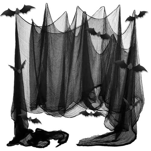Spetsbst Schwarz Tuch 6 Stück Halloween Deko Stoff 76x183cm Horror Dekoration Gaze Gruseliges Tuch mit 12 Fledermaus Aufkleber Gruseltuch Türen Hallen Veranden Fenster Spukhaus Dekoration Spetsbst Schwarz Tuch 6 Stück Halloween Deko Stoff 76x183cm Horror Dekoration Gaze Gruseliges Tuch mit 12 Fledermaus Aufkleber Gruseltuch Türen Hallen Veranden Fenster Spukhaus Dekoration von Spetsbst