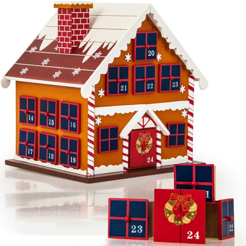 SPIELWERK® Adventskalender Winterhäuschen zum Befüllen 24 Türchen wiederverwendbar Bunt Bemalt Weihnachten Kinder DIY weihnachtliche Holz Dekoration von Spielwerk