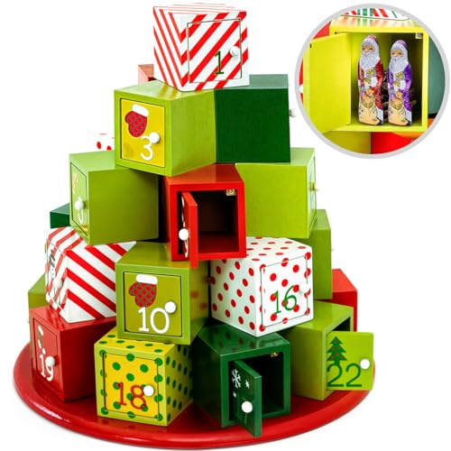 SPIELWERK® Wiederverwendbarer Adventskalender Geschenkeberg zum Befüllen 24 Türchen Bunt Bemalt Weihnachten Kinder DIY weihnachtliche Holz Dekoration von Spielwerk