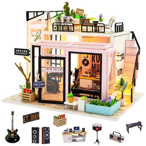 Spilay DIY Miniatur-Puppenhaus-Holzmöbel-Set, handgefertigtes Mini-modernes Modell plus mit Staubschutz und Spieluhr, Maßstab 1:24, kreatives Puppenhaus-Spielzeug für Kinderliebhaber, Geschenk von Spilay