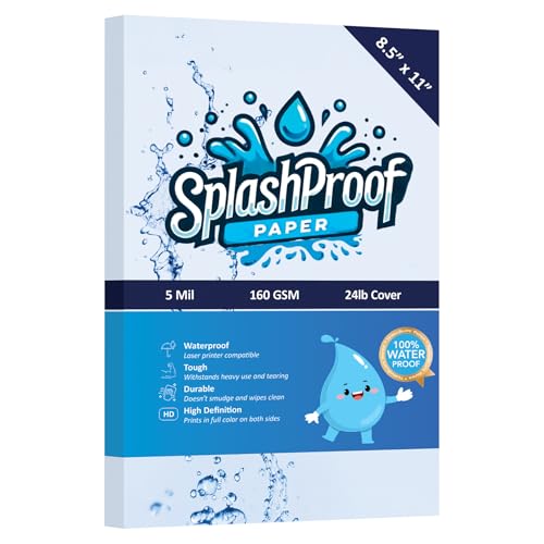 SplashProof Druckerpapier, 21,6 x 27,9 cm, 5 mm wasserdichtes Papier, kompatibel mit Laserdruckern und Kopiermaschinen, 21,6 x 27,9 cm, Buchstabe, 100 Blatt SplashProof Druckerpapier, 21,6 x 27,9 cm, 5 mm wasserdichtes Papier, kompatibel mit Laserdruckern und Kopiermaschinen, 21,6 x 27,9 cm, Buchstabe, 100 Blatt von SplashProof