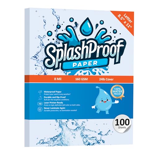SplashProof Druckerpapier, 21,6 x 27,9 cm, 8 mm wasserfestes Papier, kompatibel mit Laserdruckern und Kopiermaschinen (Letter – 21,6 x 27,9 cm, 100 Blatt) von SplashProof